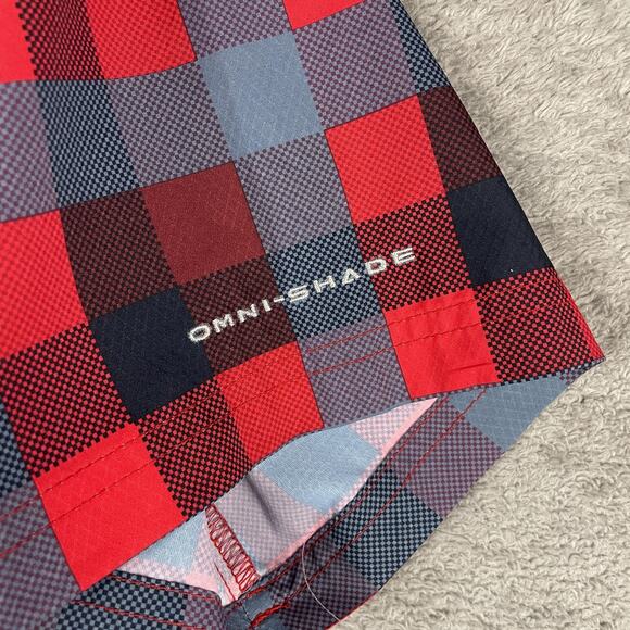 Columbia PFG Shirt Mens Medium Red Blue Plaid Short Sleeve Omni-Shade Fishing - Picture 4 of 13